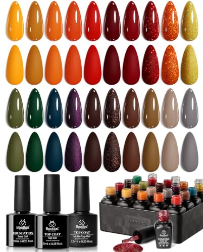 Beetles Fall Gel Nail Polish Set, 20 Colors Autumn Gel Polish Kit in Orange Yellow Green Brown Red Shades, Cozy Campfire UV LED Soak Off Nail Gel for DIY Home Salon Manicure, Gift for Women