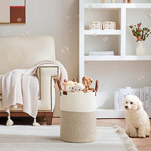 Image of VIPOSCO 30L Small Woven Rope Laundry Hamper, Leather Handles, White & Brown | Baby Wicker Laundry Basket for Clothes, Blankets, Kids Toys, Towels, Storage Bin in Nursery, Bedroom, Bathroom, Living Room