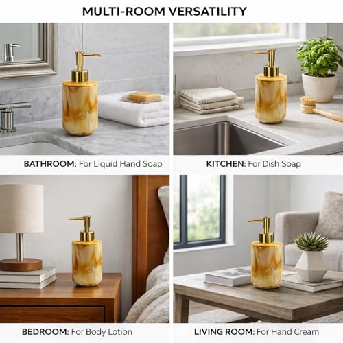 Image of Luxe Home International Marble Pattern Plastic Soap Dispenser for Bathroom and Kitchen Sink Leak Proof Liquid Hand Wash Round Bottle Lightweight Smooth Finish (17x8 cm Yellow) Pack of 1
