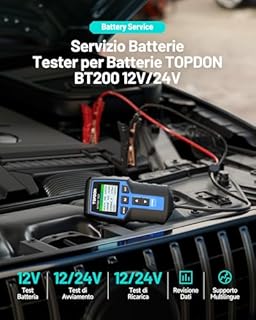 TOPDON Tester Batteria Auto BT200, 12V 24V 100-2000 CCA Tester per Batterie, con Test della Batteria, del Caricatore e dell'Accensione per Auto Moto Barche SUV e Camion, 2,4 pollici