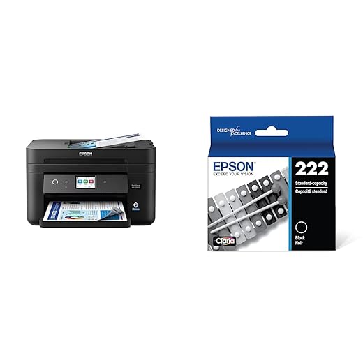 Epson Workforce WF-2960 Wireless All-in-One Printer with Scan, Copy, Fax + Epson T222 Black Ink Cartridge Bundle