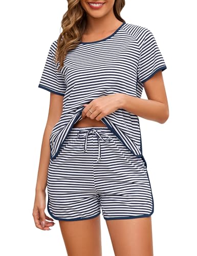 Image of Cotton Pajama Sets for Women 2 Piece Lounge Set Stripe Pj Set Loungewear Short Sleeve Top and Shorts with Pockets