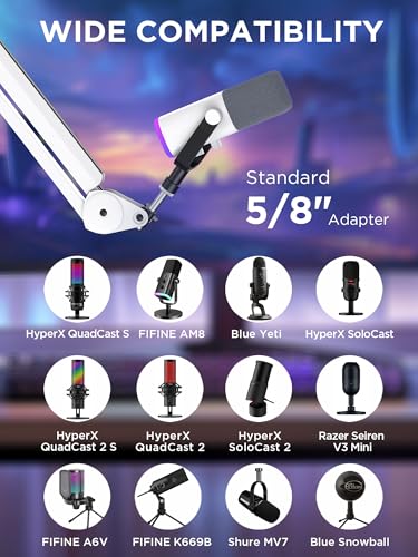 Image of InnoGear Mic Boom Arm Microphone Stand Cable Management for Blue Yeti FIFINE AM8 K669B HyperX QuadCast S SoloCast AT2020 and Other Microphone, White