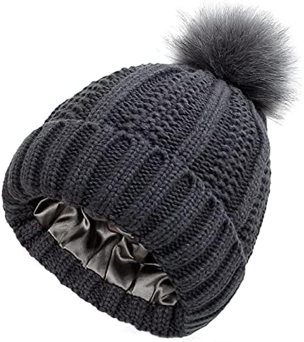 CheChury Winter Hats for Women Beanie Hat with Pompom Thick Warm Satin Silk Lined Cap Knitted Ski Skull Cap Girl Slouchy Hats Reduce Static Electricity
