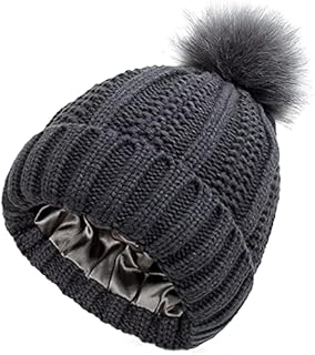 CheChury Winter Hats for Women Beanie Hat with Pompom Thick Warm Satin Silk Lined Cap Knitted Ski Skull Cap Girl Slouchy Hats Reduce Static Electricity