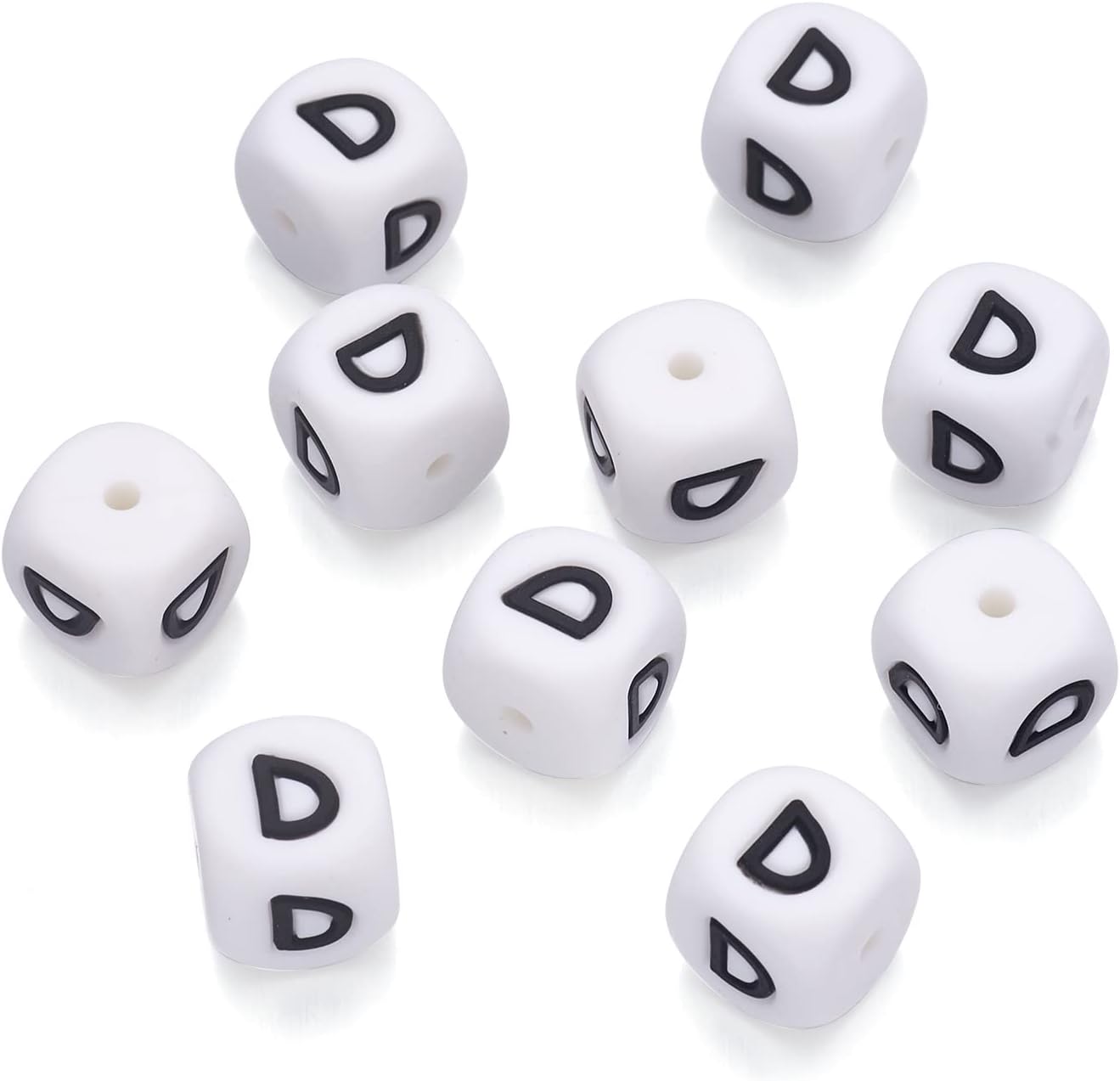 BB Beadthoven 100pcs Silicone Letter D Beads Bulk 12mm Cube Alphabet Silicone Focal Beads Loose White Rubber Assorted Letter Beads for Bracelet Keychain Making Lanyards Pens DIY Jewelry Making