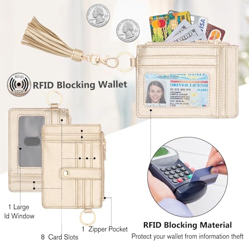 Image of KNGITRYI Wristlet Wallet for Women,RFID Keychain Wallet with Beaded Strap | 8 Card Slots,ID Window,Zipper Pocket,Leather Tassel,Compact Design