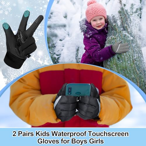 Suhine 2 Pairs Kids Winter Gloves Waterproof Touchscreen Gloves Reflective Warm for Snow Skiing Cycling Rugby Boy Girl 6