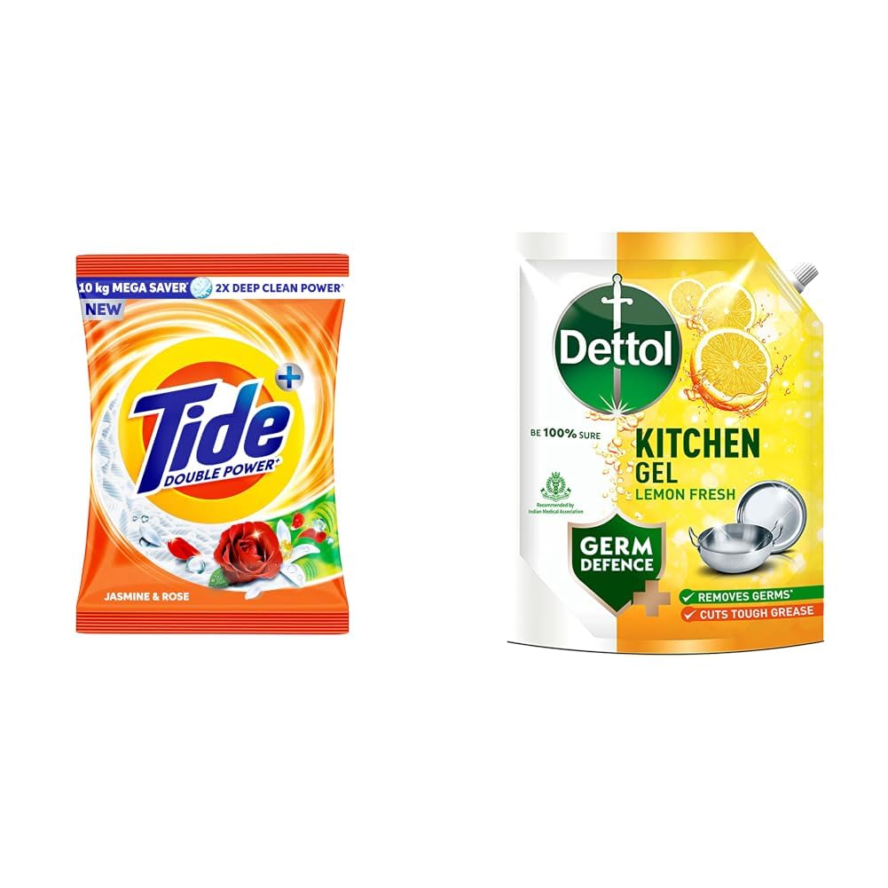 Tide Plus Detergent Washing Powder - 10kg Mega Saver Pack | Jasmine & Rose Fragrance | Removes deep-seated Oil, Gravy, Tea Stains | World's No. 1 Detergent Brand & Dettol Dishwash liquid and Kitchen-image-6