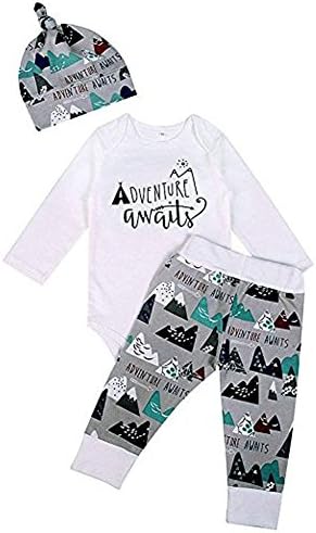 Smarki Newborn Infant Baby Boys 3 Pcs Mountain Print Long Sleeve Pant Set Romper + Pants + Hat (100/18-24 Months)