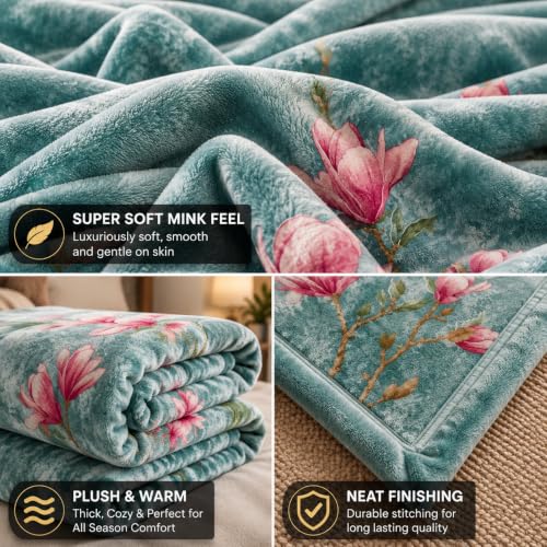 Image of Signature All Season Double Bed Blanket | Super Soft Plush, Lightweight & Cozy | 220 x 240 cm | 2.5 kg | Multi-Color Vibrant Print | Ideal for Winter, AC Use & Gifting (Teal Rose)