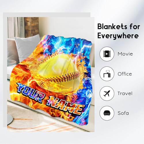 Customized Blanket - Softball Blanket Gifts for Girls - Comfy Cozy Fleece Throws for Player 4 Sizes