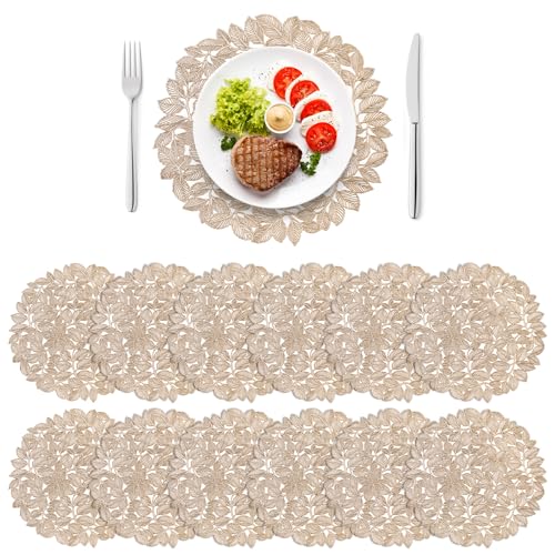 Cedilis 12 Pack 37 cm Gold Placemat, Vinyl Leaf Round Table Placemat, Non-Slip Dinning Table Mats for Wedding Accent Centerpiece, Thanksgiving Party - Image 3
