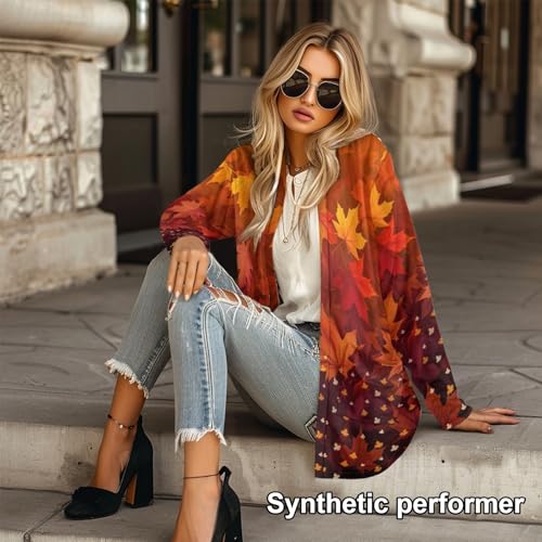 Image of Fall Maple Leaf Cardigan Sweaters for Women Long Sleeve Cardigan Soft Drape Open Front Dusters V-Neck Jackets Dressy