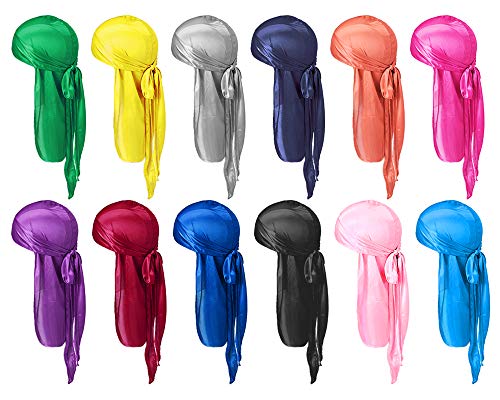 12 Packs Silk Durag Satin Silky Durags for Men and Women Long Tail Headwrap Durag Breathable Turban Hat with 4pcs Stocking Cap Satin Sliky Long Wide Straps Doo Durag Pirate Hat (Various Color)