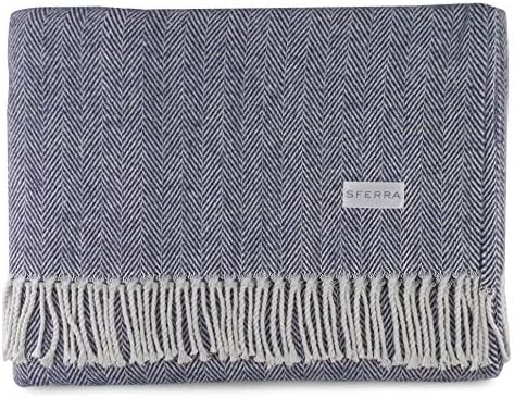 Sferra Celine Herringbone, 100% Cotton Throw Blanket - Navy