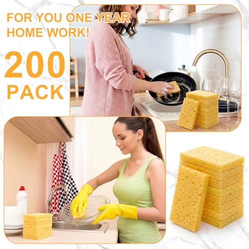 Image of Zhengmy 200 Pieces Sponges Bulk Sponges Kitchen Compressed Sponge Natural Dish Sponge Compressed Wood Pulp Cleaning Without Scratching for Kitchen Bathroom, 3.9 x 2.4 x 0.12 Inch (Yellow)