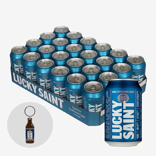 LUCKY SAINT Alcohol Free Beer - Unfiltered Lager Case of 24 x 330ml 0.5% ABV Cans with Keyring | Vegan 53 Calories Per Lager