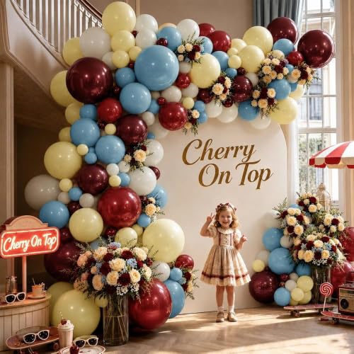 Image of Red Blue Yellow Balloon Arch Double Stuffed Cherry Berry Balloon Garland