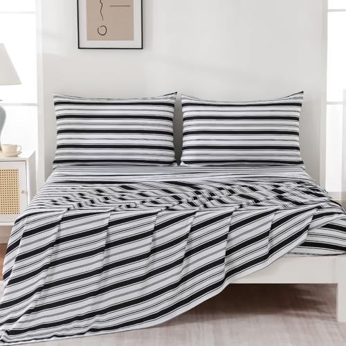 Image of MCO 4Pieces Striped Sheets Set, Breathable King Sheet Set with 16 inch Deep Pocket,Modern & Luxury, Brushed Microfiber Bedding Set(King, Black)