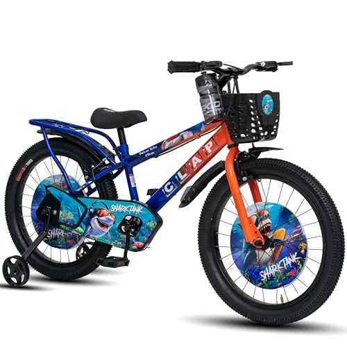 Image of Shark Tank 20 Inch Kids Bicycle with Training Wheels, Front Basket, Water Bottle, Rear Carrier & Full Chain Cover for Boys and Girls Ages 7-9 (Orange /Blue)