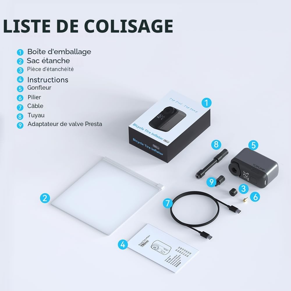 TOPUMP Mini Pompe vélo électrique, Ultra Petite Pompe à Batterie 120PSI avec Manomètre pour Vélo de Course, VTT et Ville - Valve Presta et Schrader, Arrêt Automatique