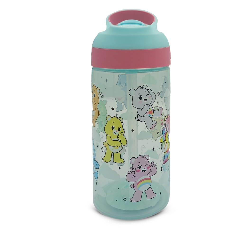 Care Bears 480ml Kids Water Bottle with Flip Up Straw Spout & Carry Loop – BPA Free School Drinks Bottle with Cheer Bear, Funshine & Grumpy Bear Design, Blue