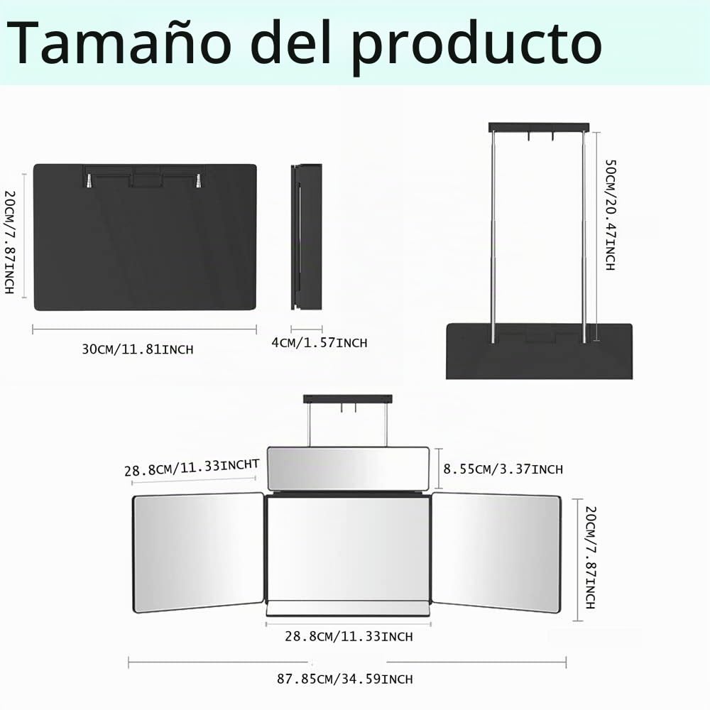 Self Cut Mirror 360,Espejo de 5 vías para Corte de Cabello,Espejo con 5 Lados Plegable con Ganchos Adaptable En Todas Las Superficies,Herramienta De Corte De Pelo DIY,Espejo Maquillaje con Luz