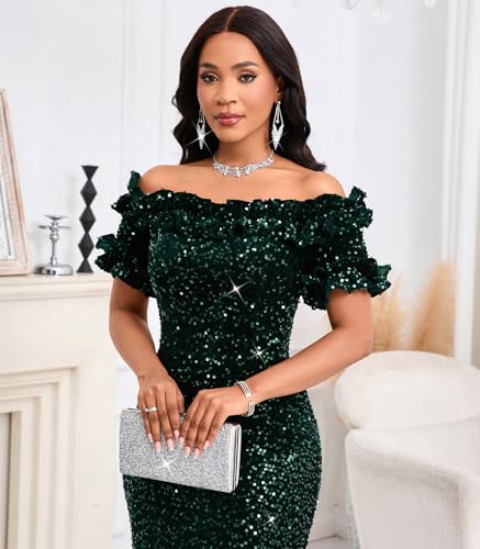 Image of dasmzper Women Sexy Sequin Off Shoulder Ruffle Short Sleeve Bodycon Mermaid Party Formal Evening Maxi Dress