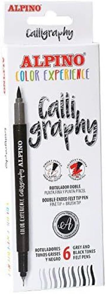 Alpino Color Experience 6 Rotuladores Negros y Grises para Caligrafía y Lettering | Set de Caligrafía | Rotuladores Doble punta Fina y Punta Pincel