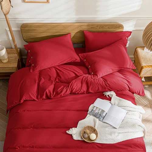 Image of JELLYMONI Cotton Duvet Cover Full Size - Crimson Red Comforter Cover with Button 100% Washed Cotton 3PCS Breathable Soft Solid Bedding Set Duvet Cover 80x90in & 2 Pillowcases (NO Comforter)