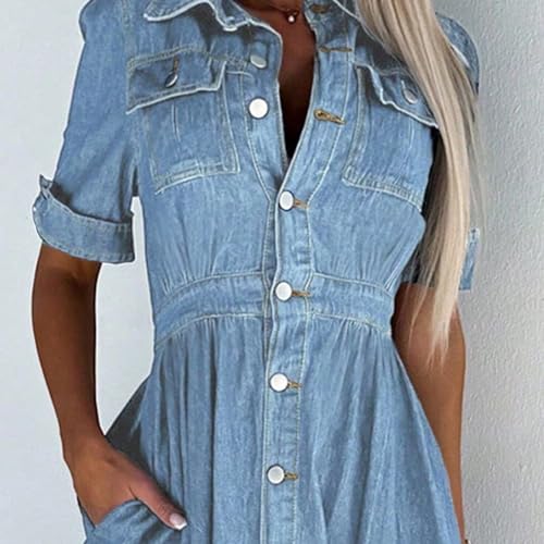 Image of Women Denim Shirt Dress V Neck Short Sleeve Long Bottom Down A-Line Jeans Dresses with Pockets