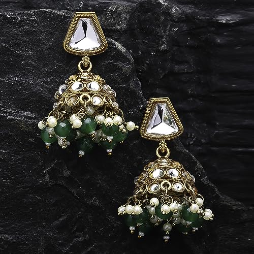 Gold-Plated Kundan & Pearls Dome Mirror Jhumka Earrings