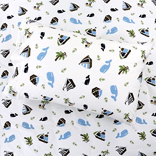 Image of Cozy Line Home Fashions 100 Cotton 3 Piece Toddler Sheet Set, Soft Breathable Crib Bedding Set for Boys Includes a Flat Sheet, a Fitted Sheet, a Pillowcase, Ocean Blue Whale Ships Sail Monkey Island