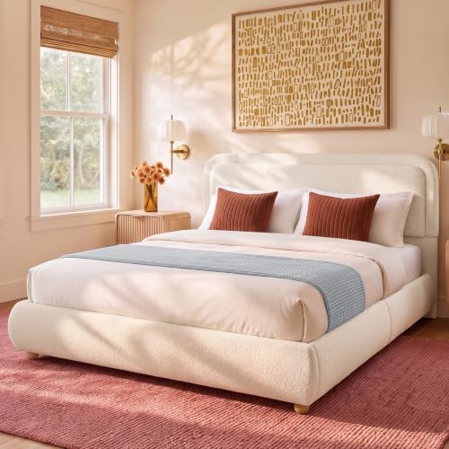 Cloud Queen Bed Frame with Headboard and Solid Wood Legs Beige - Image 3