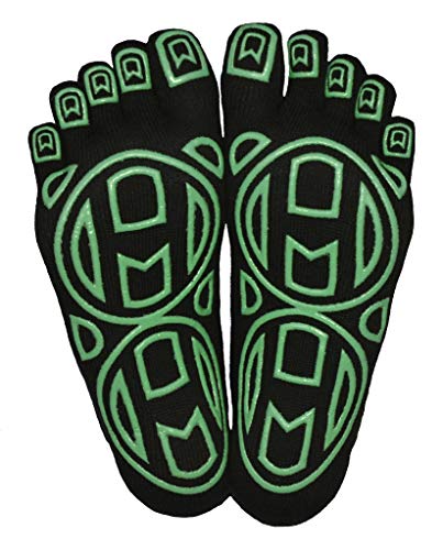 Mato & Hash 5-Toe Exercise Barefoot Feel Yoga Toe Socks With Full Grip - Black/Bright Green CA7000GR S/M