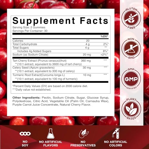 Vitamatic Tart Cherry with Celery Seed Gummies - 4000mg Equivalent Per Serving (from 10:1 Extract 400 mg) - Thumbnail 2