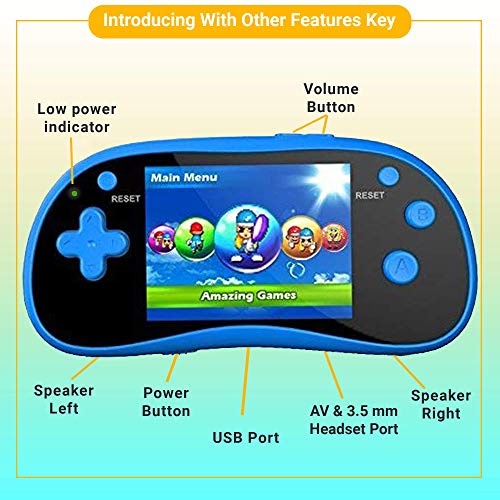 IQ Toys Handheld Arcade Game Zone Player Console Classic 220 Preloaded Video Games for Kids, 16 BIT Large 3" Screen, Rechargable, Blue