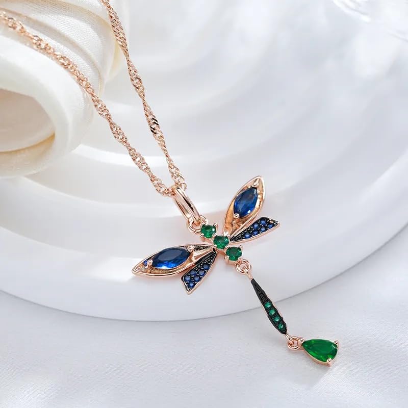 14K Yellow Gold Natural Zircon Dragonfly Necklace Dragonfly Charms Pendant Necklace Crystal Dragonfly Necklaces Crystal Dragonfly Neckchain Jewelry Beautiful Charm for Women, Sisters4