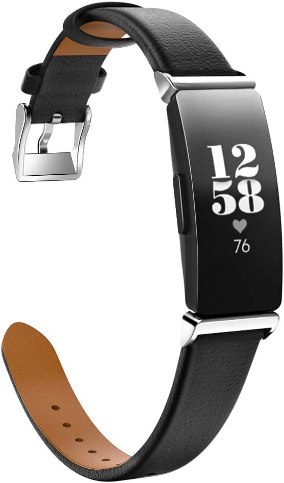 MoKo Leather Strap Compatible with Fitbit Inspire 2/HR/Inspire, Premium Leather Replacement Watch Band with Connector for Women Men, Black