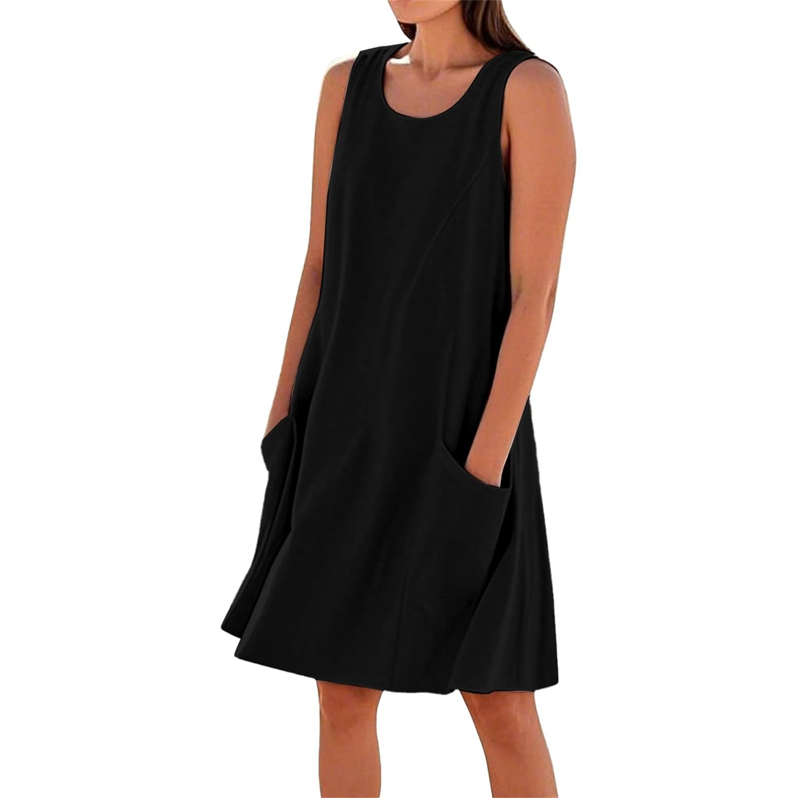 Vestido ligero de verano para mujer Midi Vestido hasta la rodilla con bolsillos | Vestido de Lino de Algodón, Cuello Redondo Sin Mangas Vestido Bohemia Perforado Ropa Transpirable para Playa