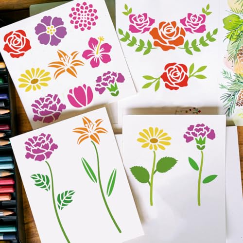 FINGERINSPIRE 3pc Combination Flowers Painting Stencil 20x20cm PET Plants Themes Spraying Reusable Hibiscus Rose Dahlia Daisy Lily Tulip Carnation Pattern Wall Stencil Template - Image 4