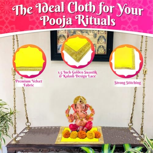 Image of Bhakti Lehar (16 x 16 Inch) Plain Yellow Velvet Pooja Aasan for God Idol /Chowki Aasan Kapda Cloth for Temple Shelf Home Mandir, Ganesh Baithak and God Idol Sitting - Pack of 2