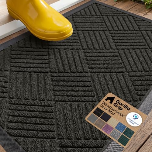 GORILLA GRIP 100% Waterproof All-Season WeatherMAX Doormat US Designed Natural Rubber, Stain Fade Resistant, Low Profile Indoor Outdoor Door Mats, Easy Clean, 29x17 Gray Diamond