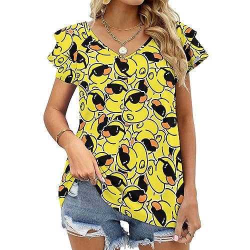 AMRANDOM Women's Casual Floral Print V Neck Ruffle Short Sleeve Summer Shirts Tops Loose Blouses