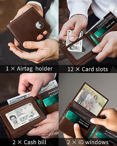 Image of Serovi AirTag Wallet- Genuine Leather Bifold Mens Wallet with AirTag Holder,RFID Blocking Wallet for Men With 2 ID Window and 12 Cards Holders Gift Box (Airtag Not included)