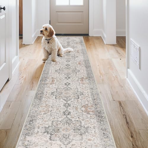 GENIMO Runner Rug 2x10 Machine Washable Non Slip Vintage Hallway Runner Rug, Low Pile Lightweight Rugs for Indoor Entryway, Hallway, Kitchen and Corridor, Light Taupe Brown