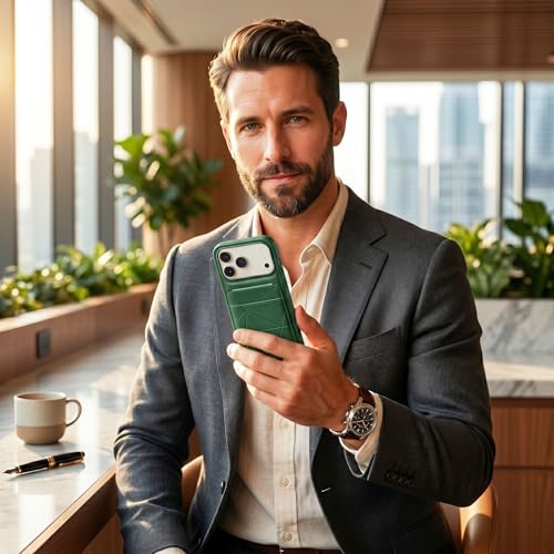 Image of amazon basics Premium Vegan Leather Back Cover with Card Holder and Integrated Mobile Stand for iPhone 17 Pro Max - Slim Shockproof Wallet Case with Geometric Stitching [Green]
