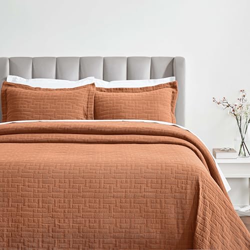Superior 3 Piece Cotton Bedspread Sham Set, Home Decor, Decorative Bed Spread, 2 Pillow Shams, Medium Weight, Matelasse Coverlet, Bedding Essentials, Madrid Collection, California King, Burnt Orange