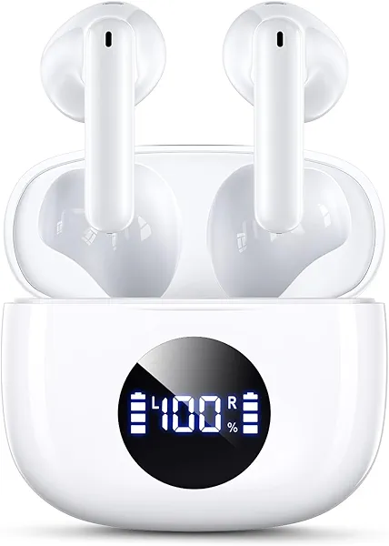 HIYDOO Wireless Earbuds, Bluetooth 5.3 Headphones with Charging Case, Lightweight in-Ear Stereo Earphones with Mic for Android/iOS Cellphone, Waterproof Cordless Earphones for Sports-Ivory White